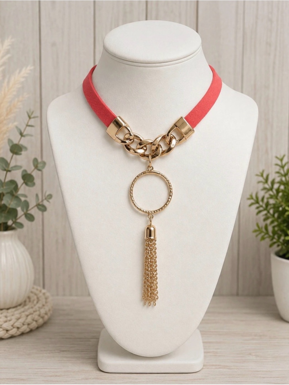 Gold Tassel Pendant Necklace with Coral suede choker.